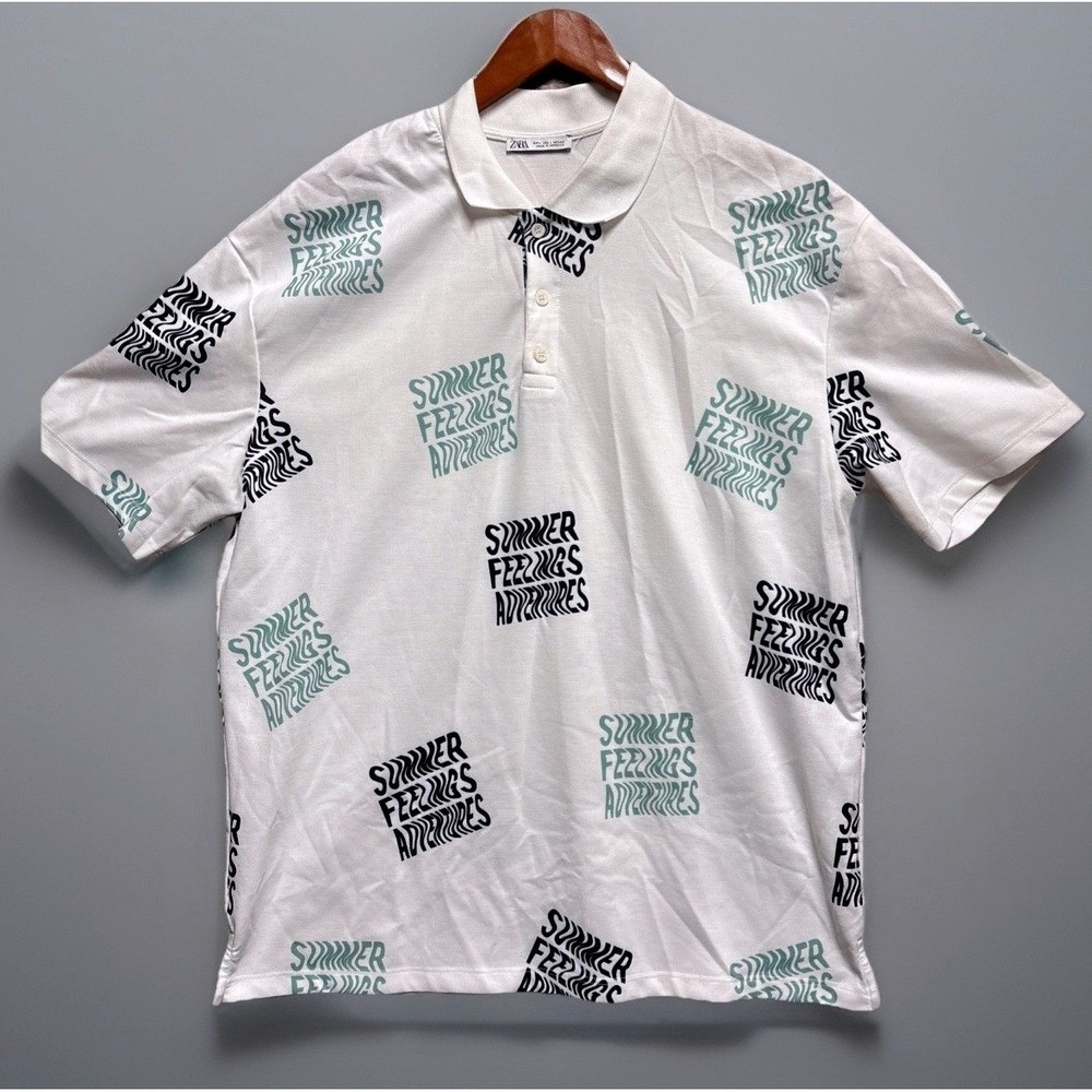 Zara Summer‎ Feelings Polo Men's Size L White Stretch AOP Retro